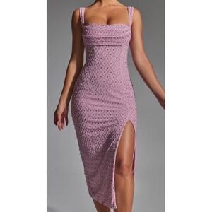 Oh Polly Mauve Beaded Sequin Midi Dress Square Neck Side Slit Purple US 4 NEW